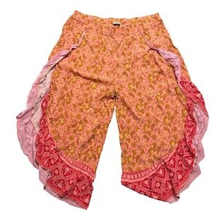 Boho Paisley Harem Pants Open Side Wide Leg Festival Hippie Pink Red Flowy
